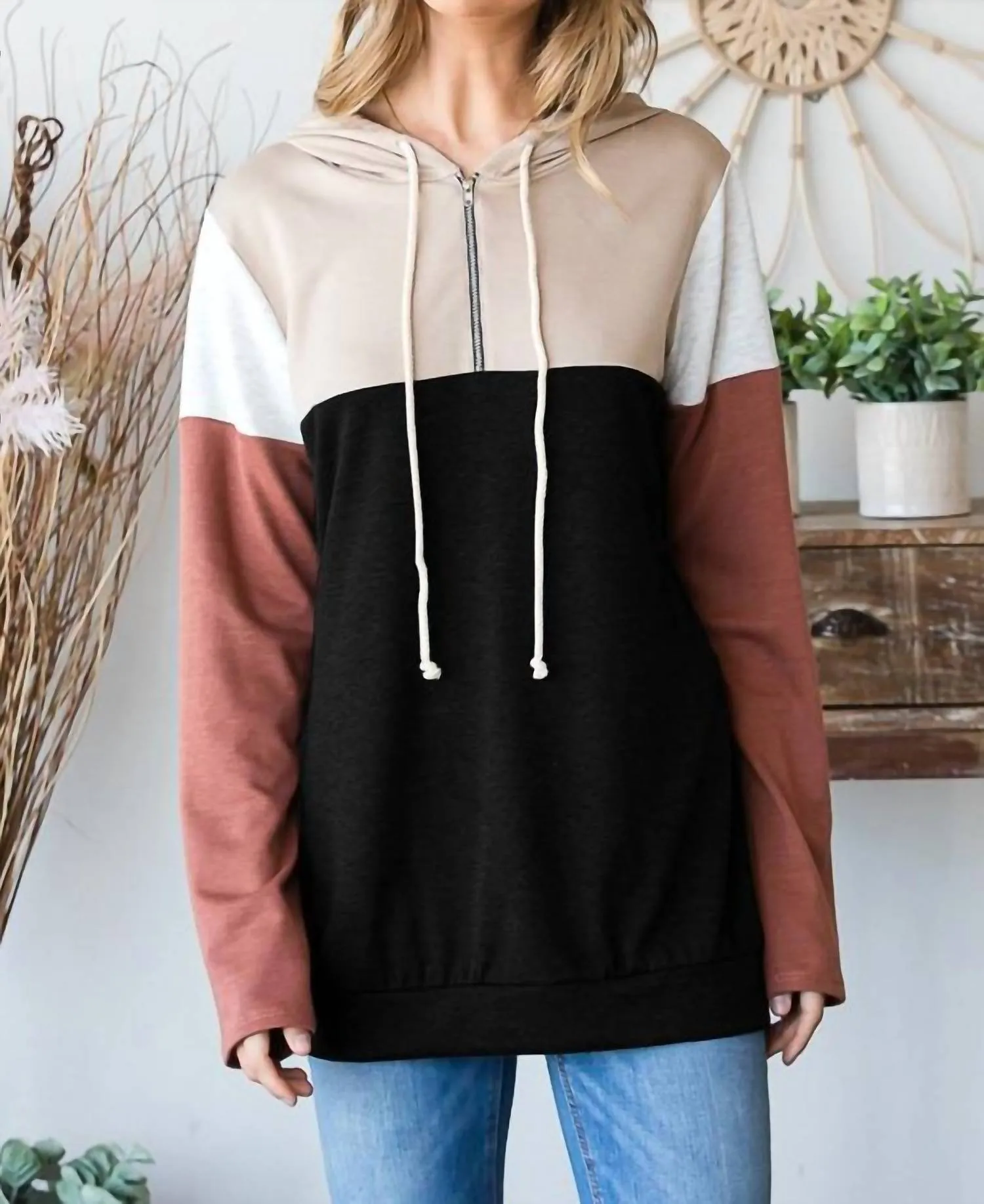 1/3 Zippered Hoodie In Black/tan