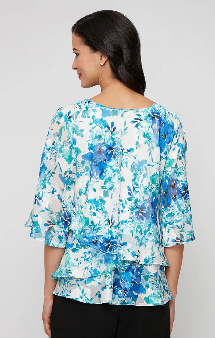 3/4 Sleeve Printed Chiffon Burnout Blouse with Asymmetric Tulip Hem Detail