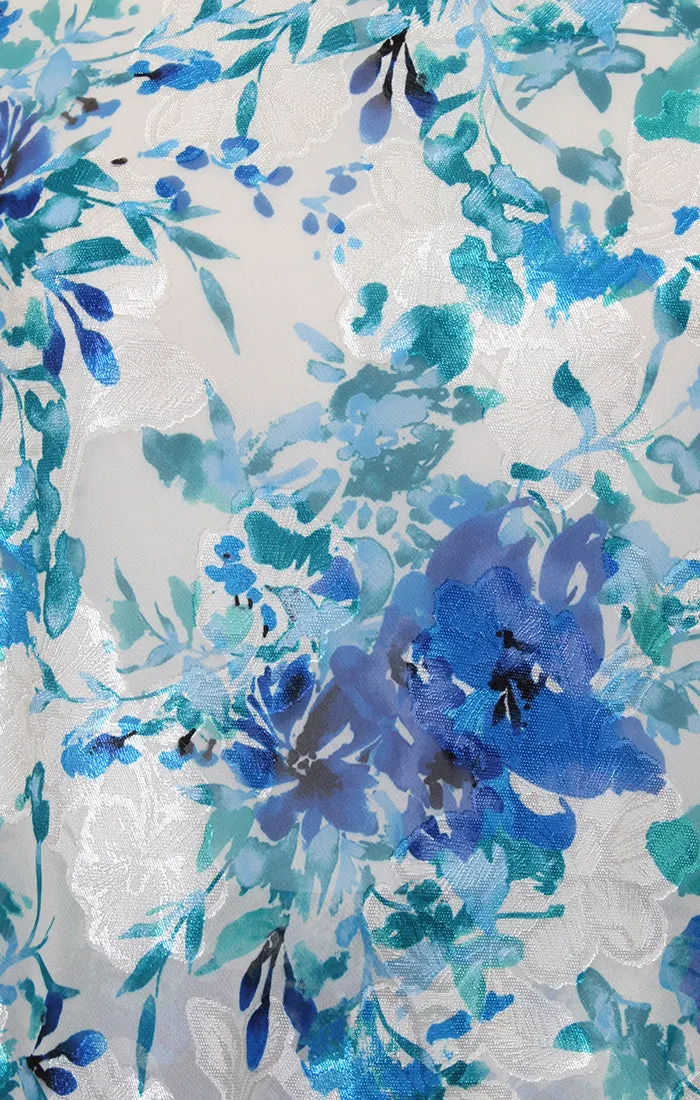 3/4 Sleeve Printed Chiffon Burnout Blouse with Asymmetric Tulip Hem Detail