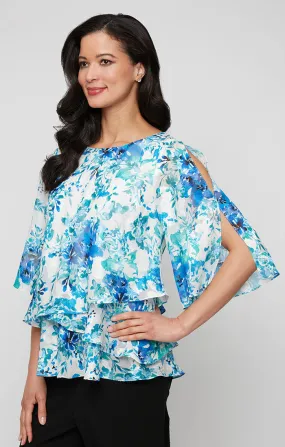 3/4 Sleeve Printed Chiffon Burnout Blouse with Asymmetric Tulip Hem Detail