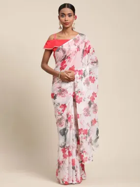 Ahalyaa Women's White Chiffon Digital Print Floral Saree