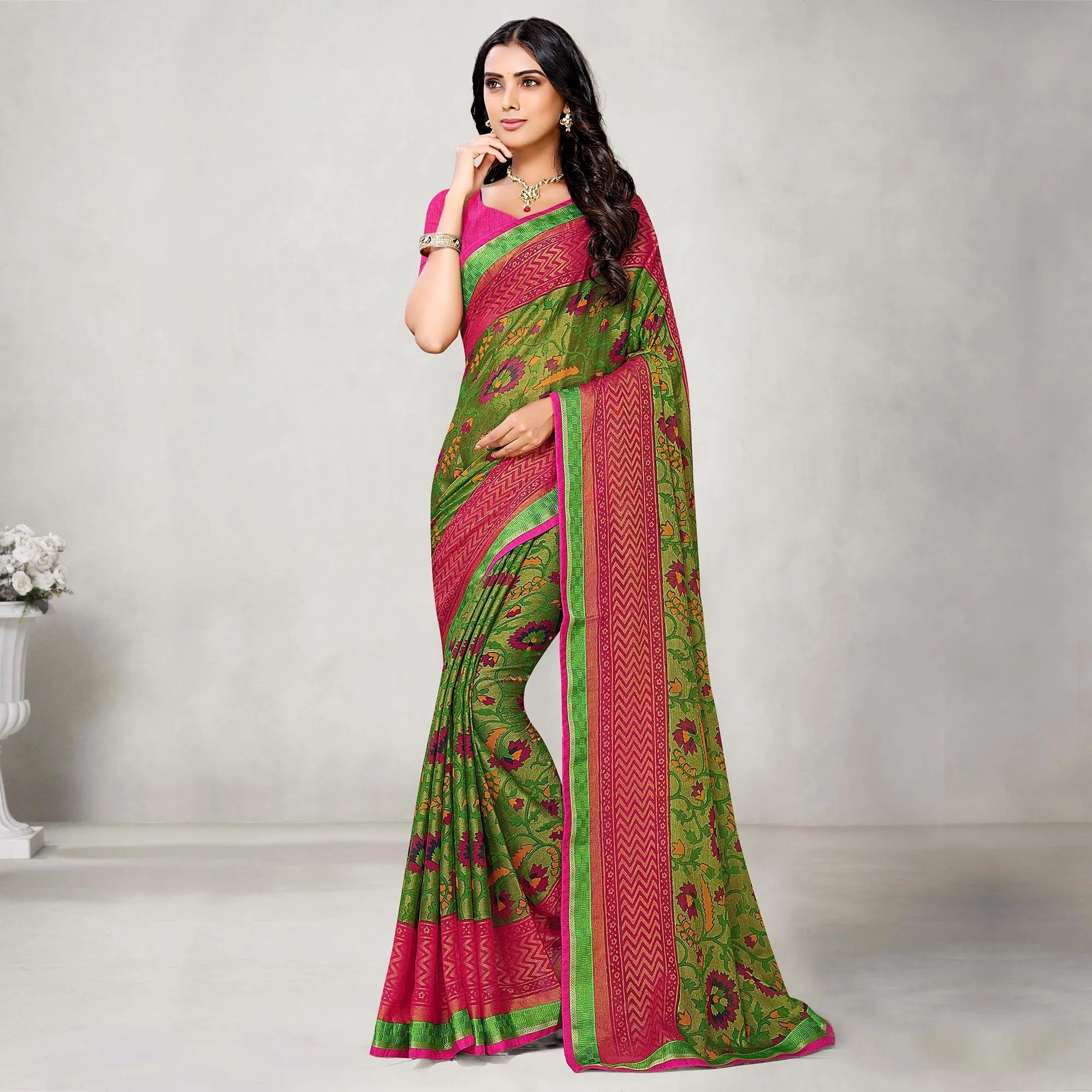 Alluring Peach Coloured Partywear Printed Chiffon Brasso Saree