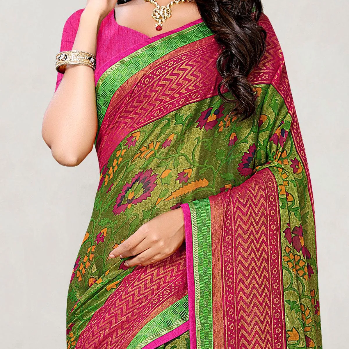 Alluring Peach Coloured Partywear Printed Chiffon Brasso Saree