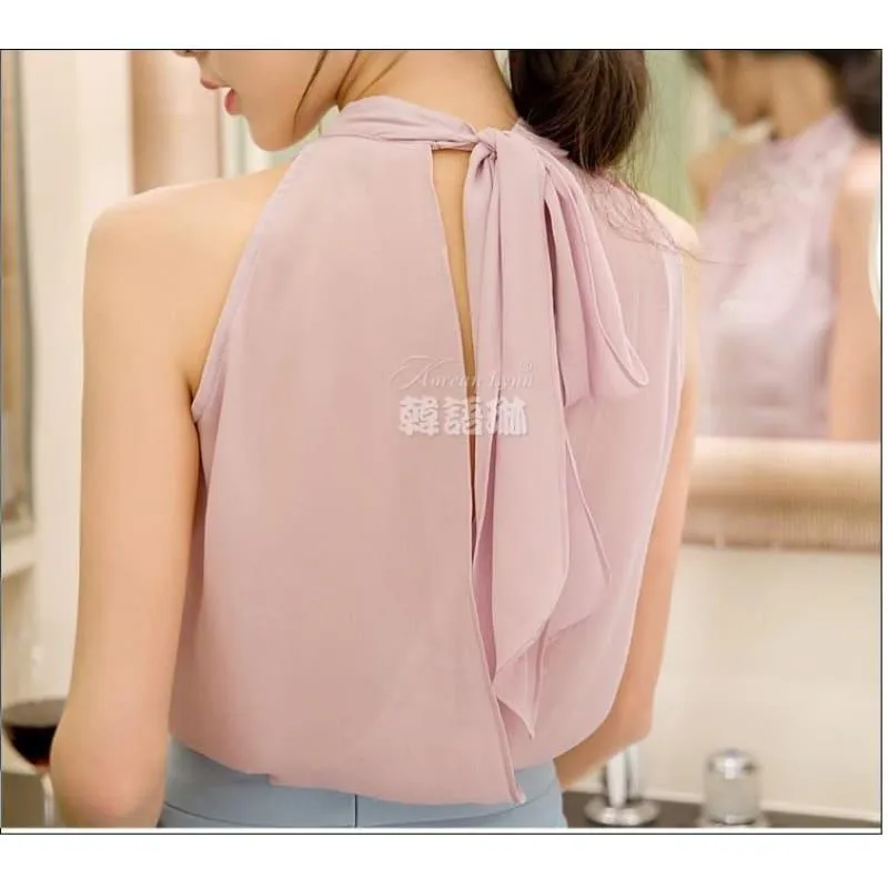 Beading  Sleeveless Chiffon High Collar Blouse