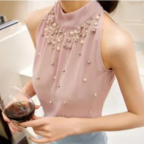 Beading  Sleeveless Chiffon High Collar Blouse