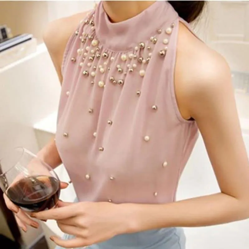 Beading  Sleeveless Chiffon High Collar Blouse