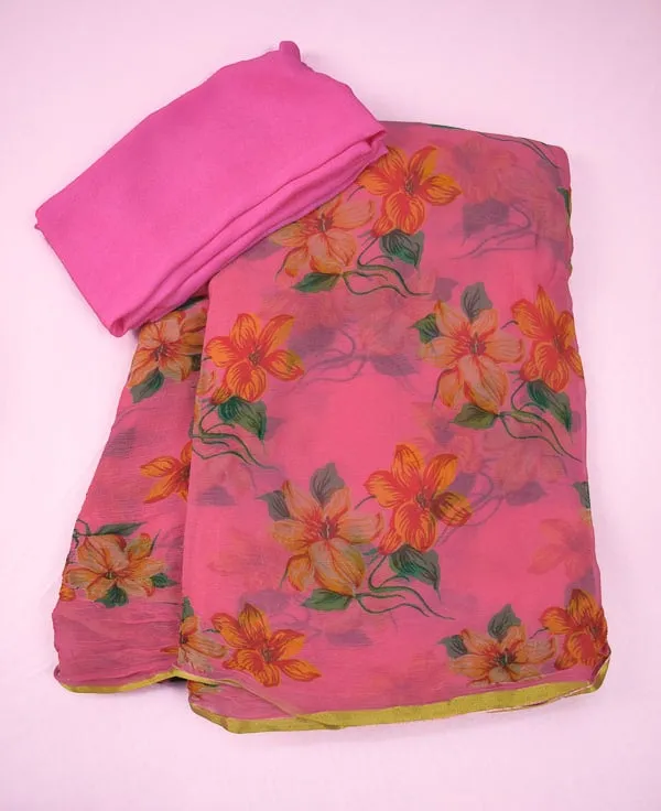 Beautiful Orange Color Floral Print Saree