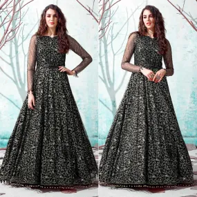 Black Foil Printed Netted Gown