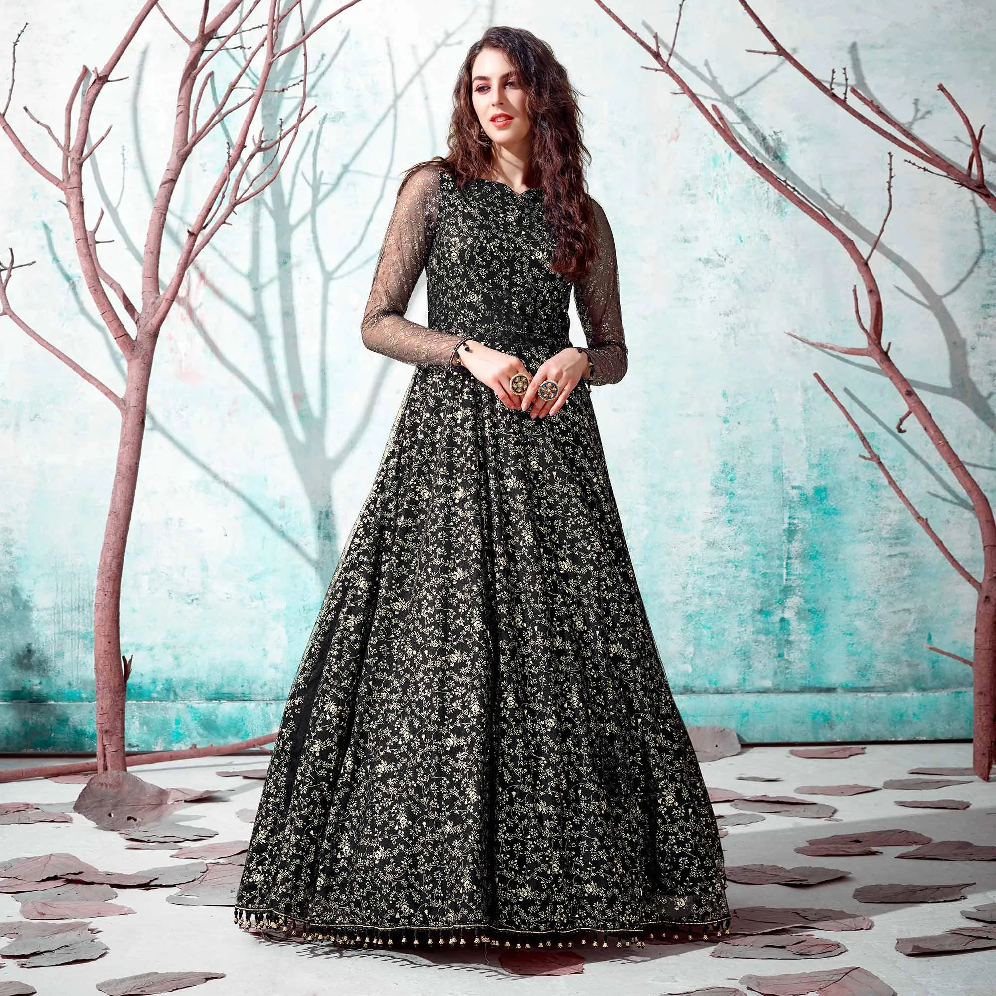 Black Foil Printed Netted Gown