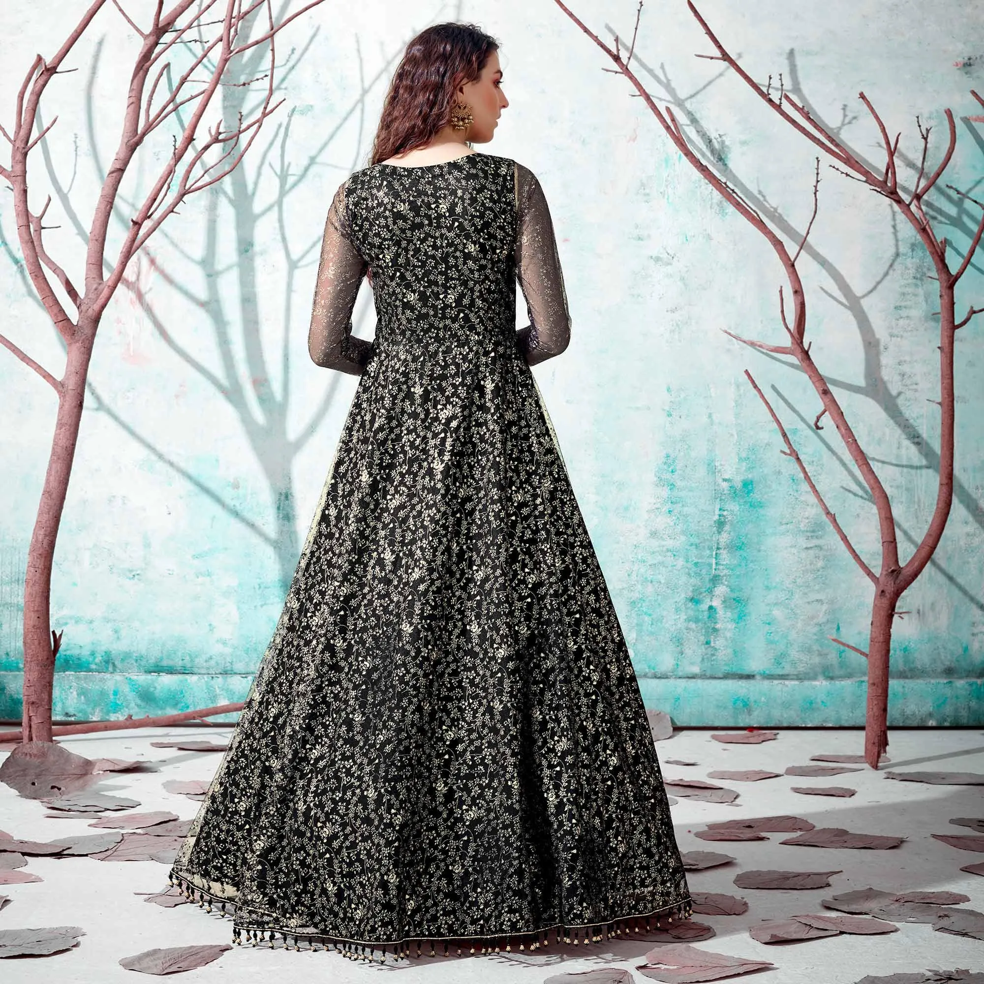 Black Foil Printed Netted Gown