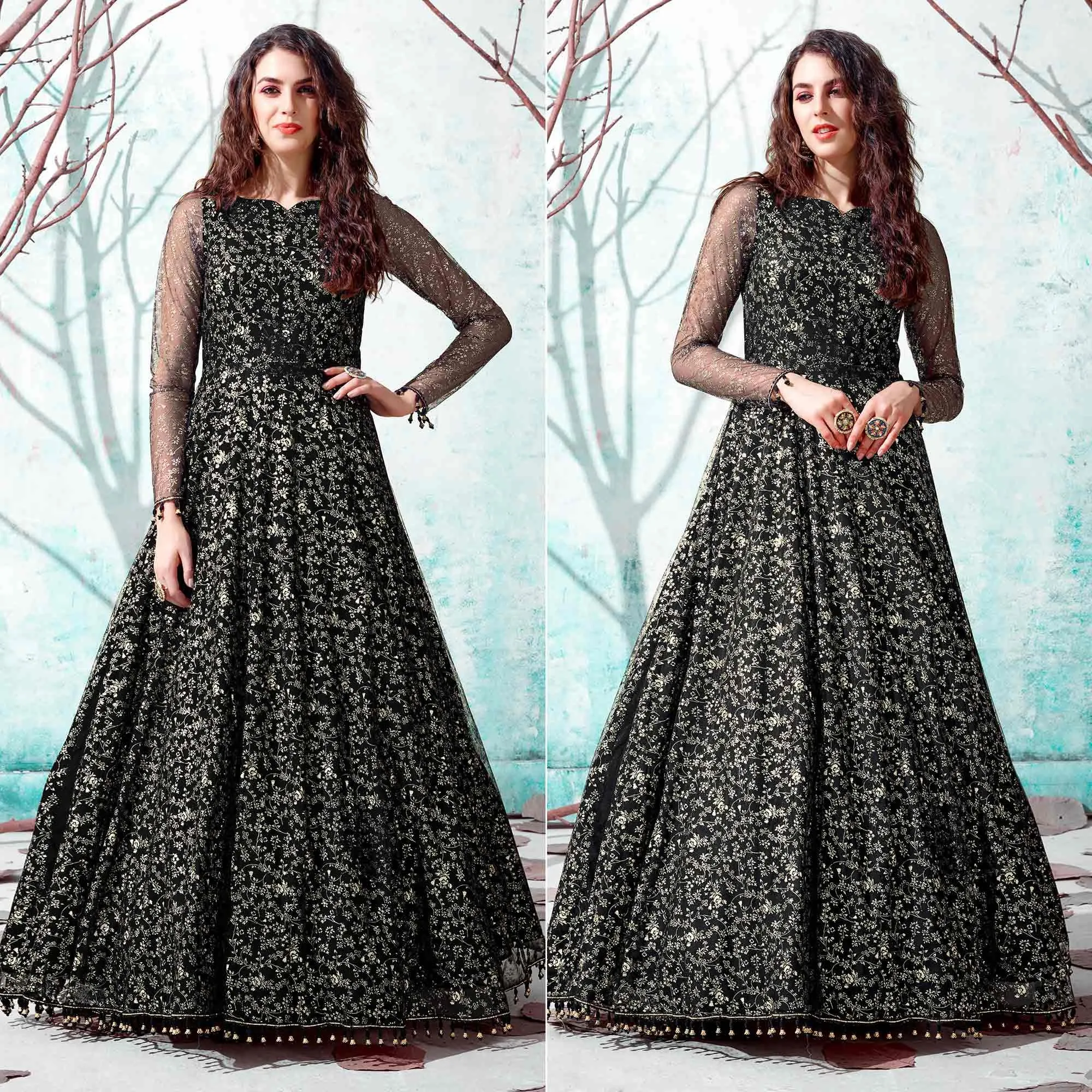 Black Foil Printed Netted Gown