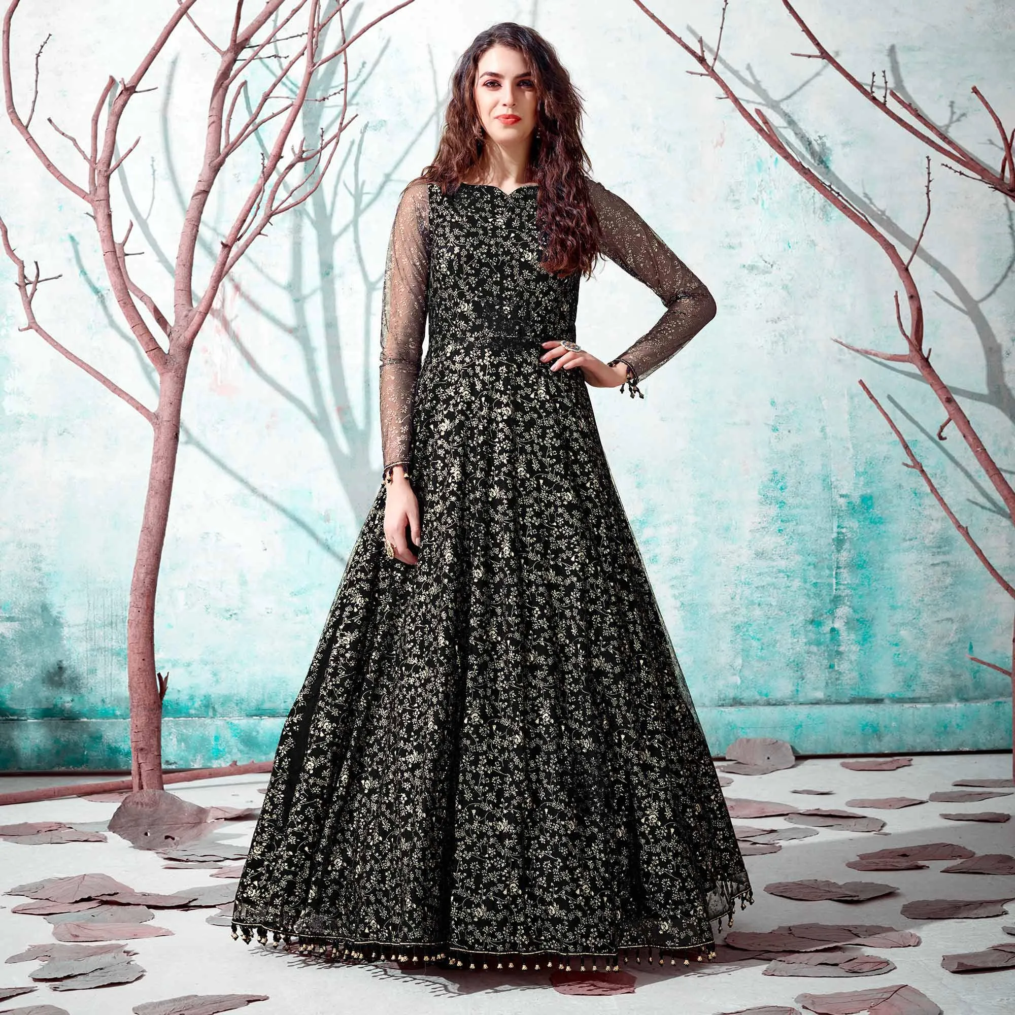 Black Foil Printed Netted Gown