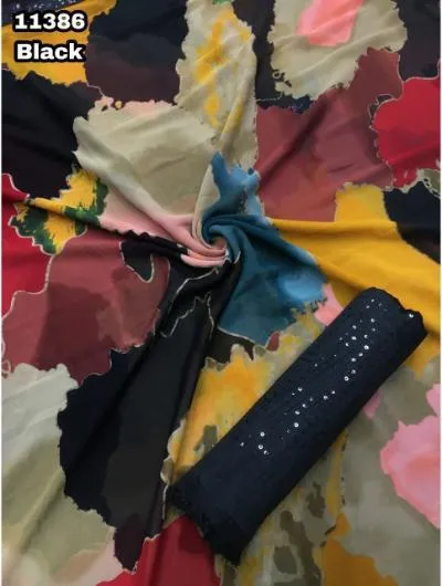 Black Multi-Color Chiffon  Printed Saree
