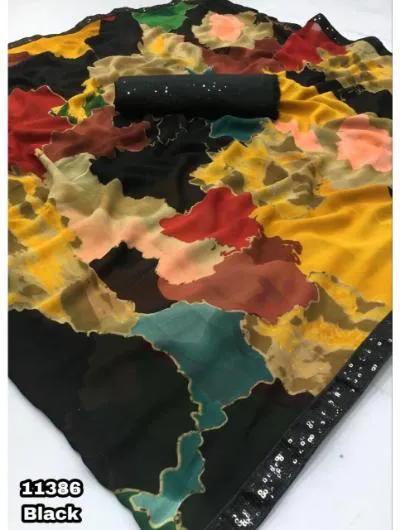 Black Multi-Color Chiffon  Printed Saree