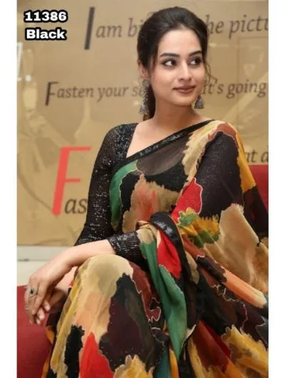 Black Multi-Color Chiffon  Printed Saree