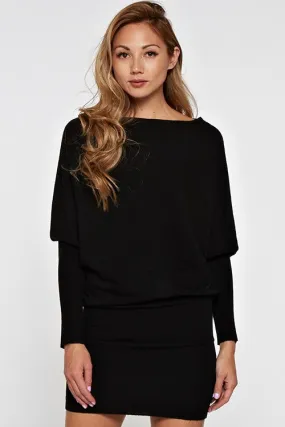 Black Slouchy Boat Neck Mini Dress