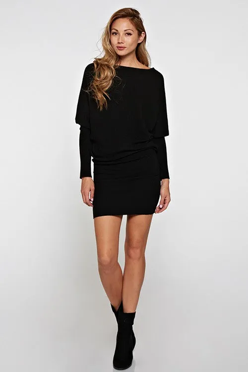 Black Slouchy Boat Neck Mini Dress