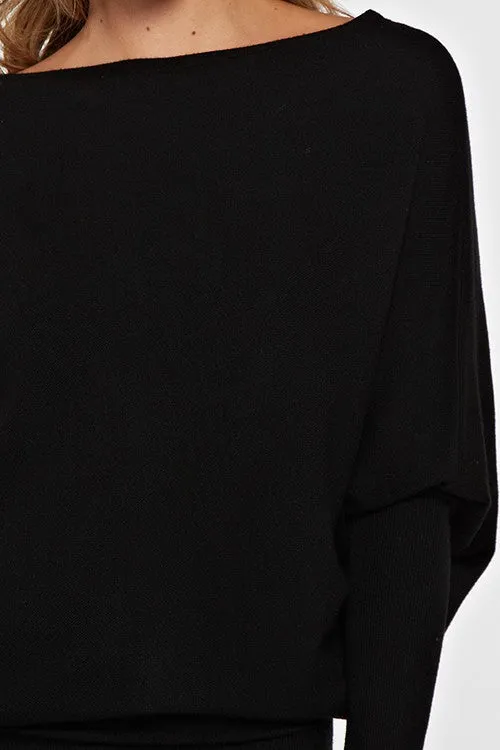 Black Slouchy Boat Neck Mini Dress