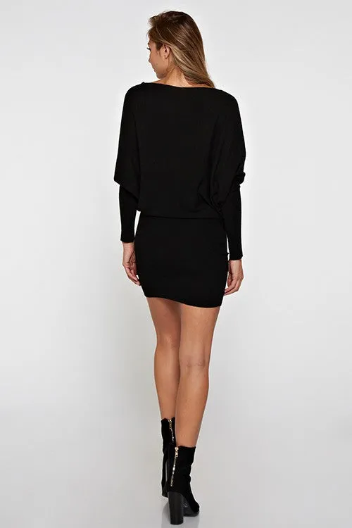 Black Slouchy Boat Neck Mini Dress