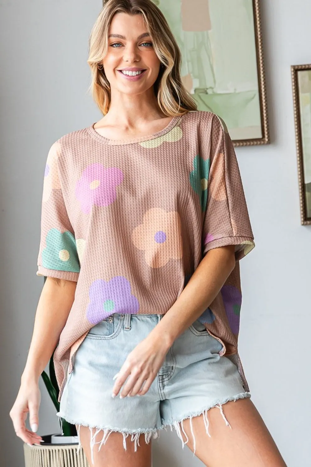Blue Zone Planet |  HOPELY Full Size Floral Round Neck Side Slit Waffle T-Shirt