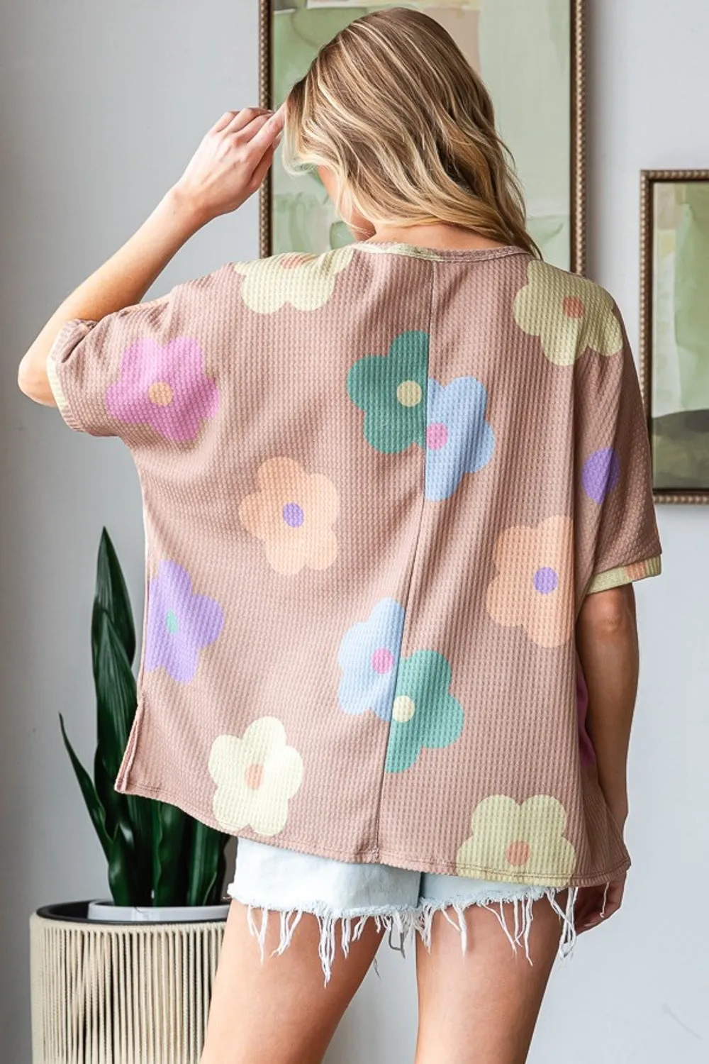 Blue Zone Planet |  HOPELY Full Size Floral Round Neck Side Slit Waffle T-Shirt