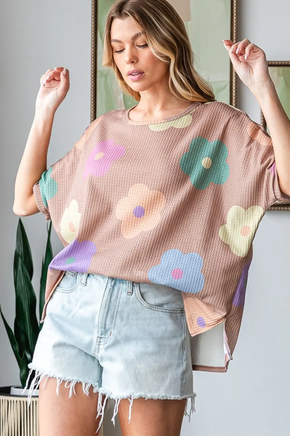 Blue Zone Planet |  HOPELY Full Size Floral Round Neck Side Slit Waffle T-Shirt