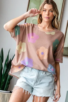 Blue Zone Planet |  HOPELY Full Size Floral Round Neck Side Slit Waffle T-Shirt
