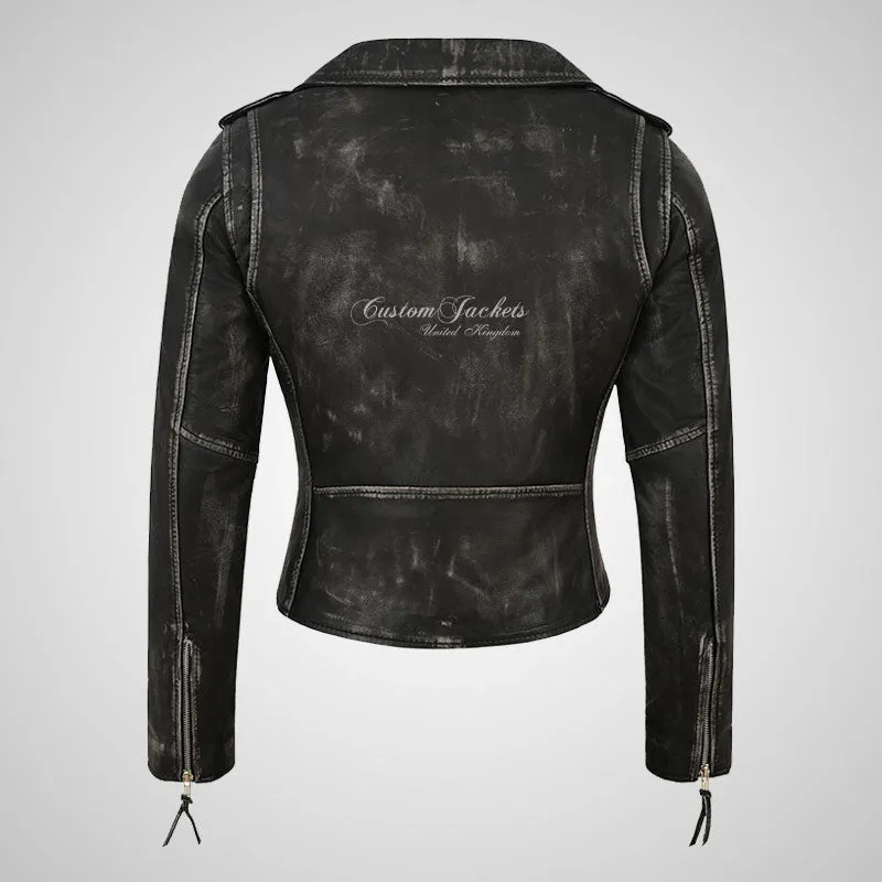 BRANDO Women Leather Biker Jacket Vintage Waxed Rocker Jacket