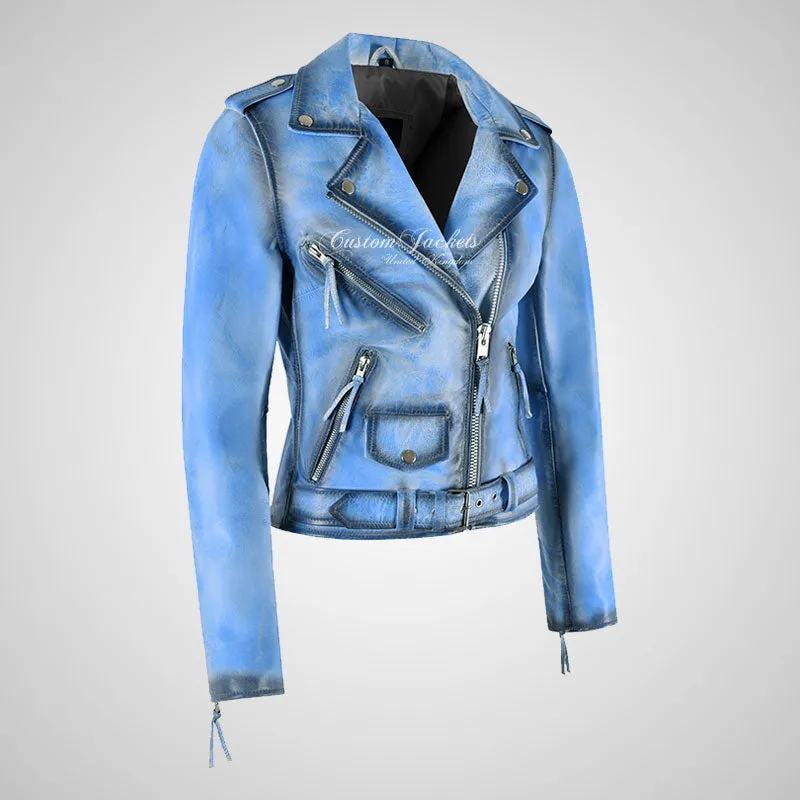 BRANDO Women Leather Biker Jacket Vintage Waxed Rocker Jacket