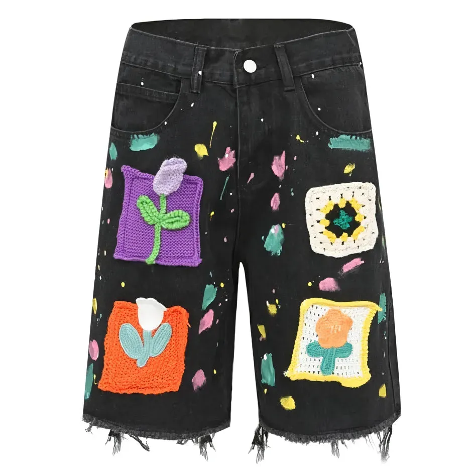 'Brushstroke' Embroidered Denim Shorts