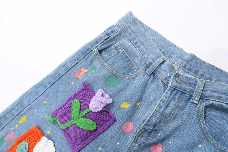 'Brushstroke' Embroidered Denim Shorts