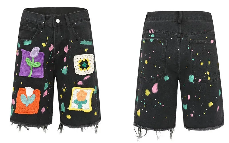 'Brushstroke' Embroidered Denim Shorts