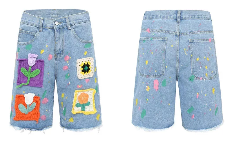 'Brushstroke' Embroidered Denim Shorts
