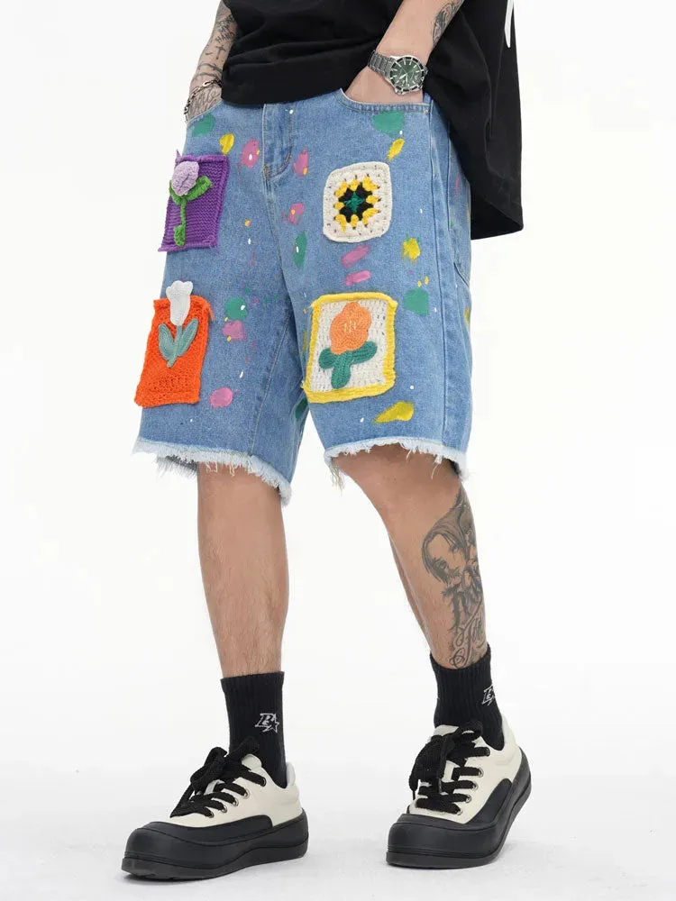 'Brushstroke' Embroidered Denim Shorts
