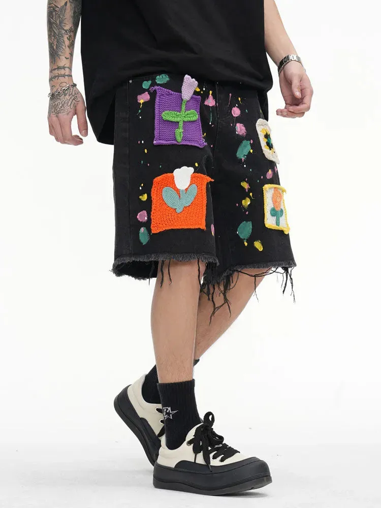 'Brushstroke' Embroidered Denim Shorts