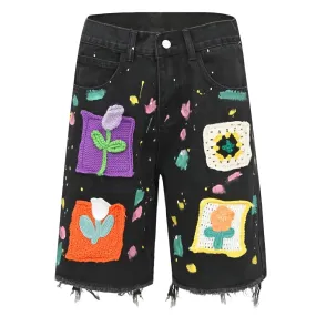 'Brushstroke' Embroidered Denim Shorts