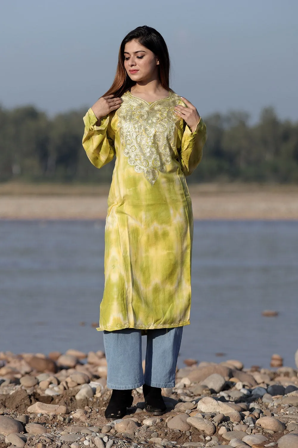 CHARISMATIC RAW YELLOW COLOUR TIE-DYE Aari Tilla Work Embroidered Phiran Enriched Designer Neckline Pattern
