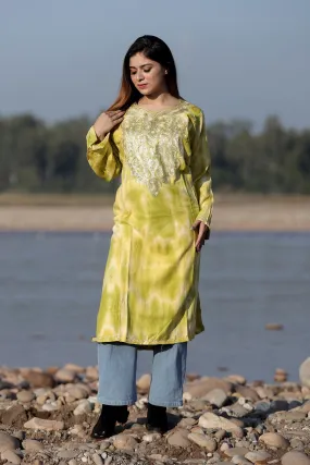 CHARISMATIC RAW YELLOW COLOUR TIE-DYE Aari Tilla Work Embroidered Phiran Enriched Designer Neckline Pattern