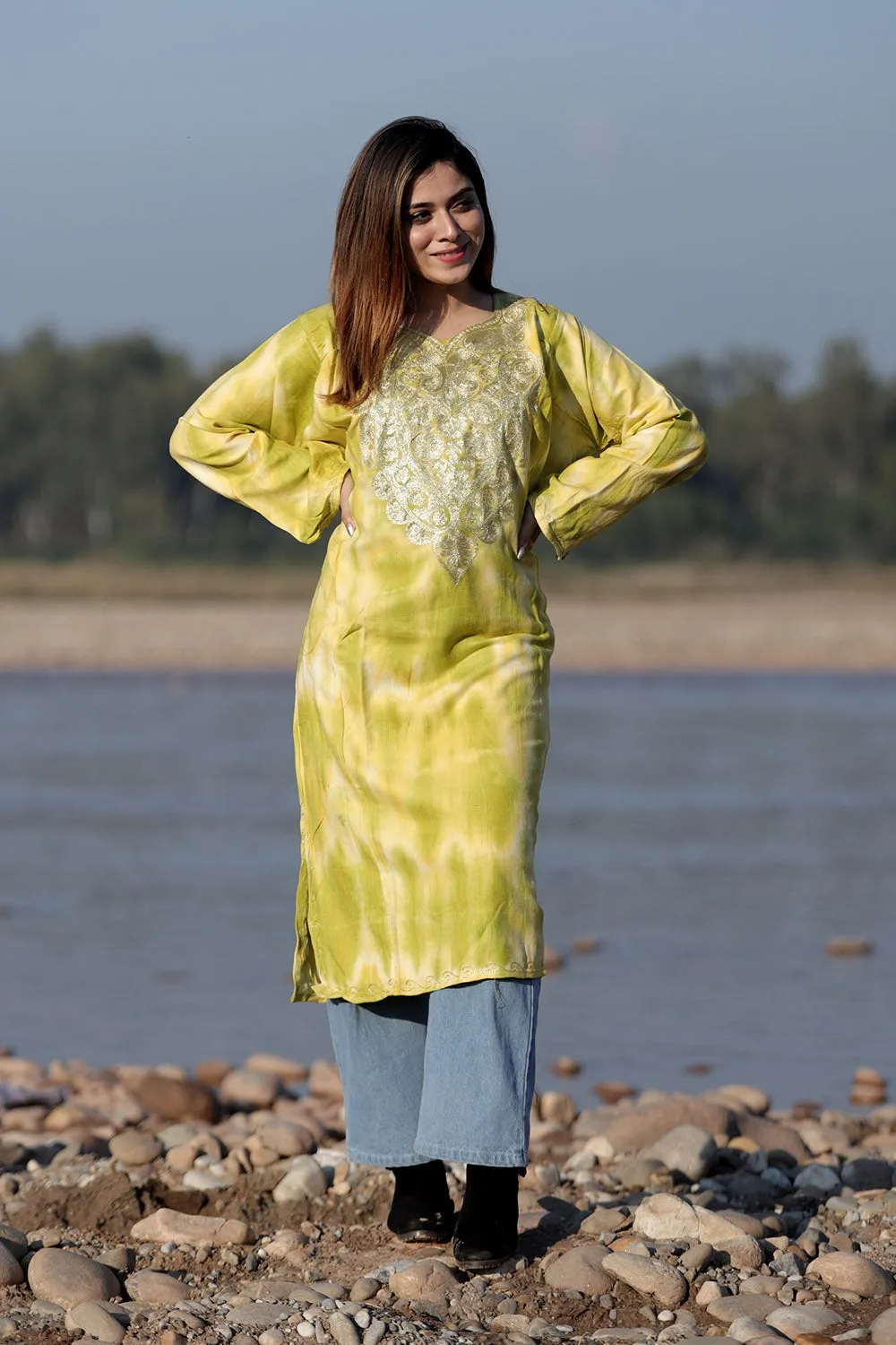 CHARISMATIC RAW YELLOW COLOUR TIE-DYE Aari Tilla Work Embroidered Phiran Enriched Designer Neckline Pattern