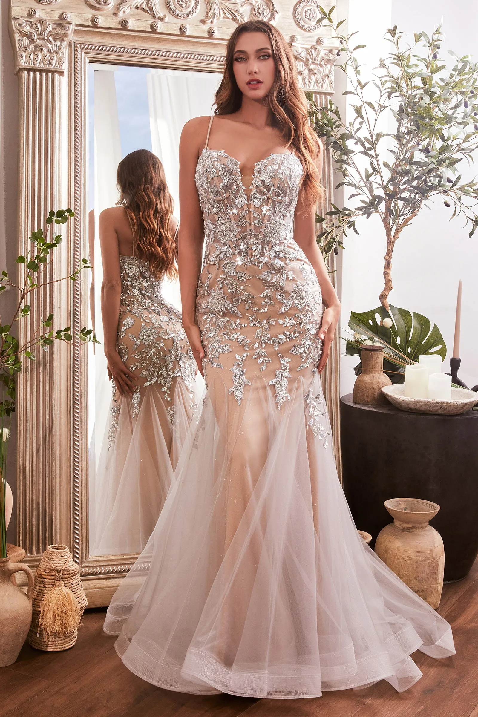 CINDERELLA DIVINE CDS488 Sequin Floral Print Mermaid Gown