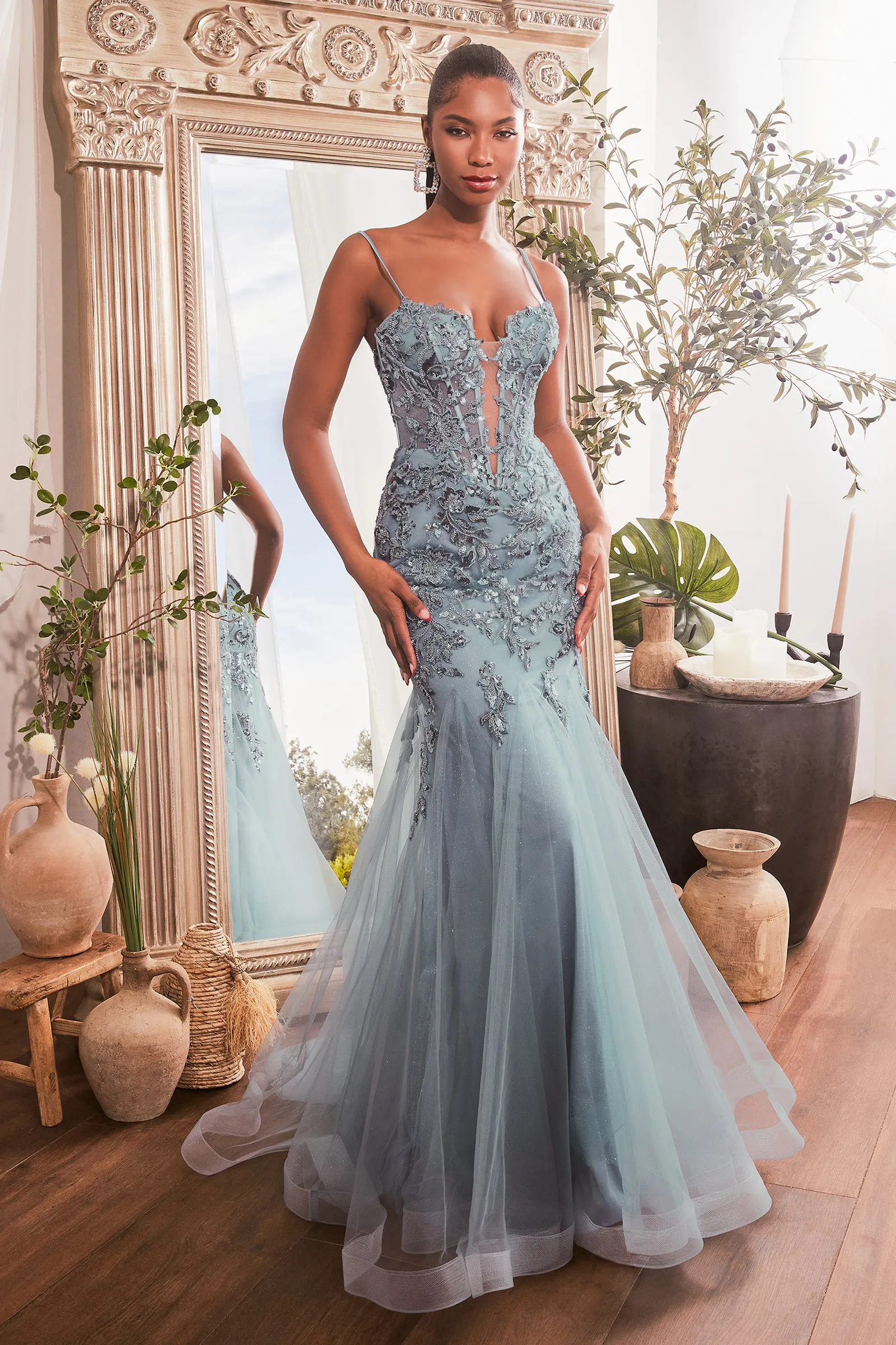 CINDERELLA DIVINE CDS488 Sequin Floral Print Mermaid Gown