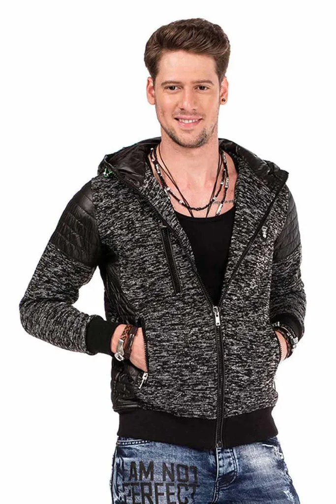 CL310 Leather Detailed Zippered Slim Fit Men's Zip Hoodie