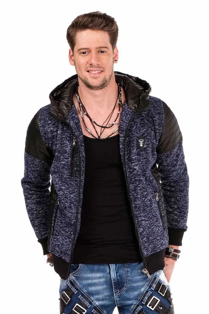 CL310 Leather Detailed Zippered Slim Fit Men's Zip Hoodie