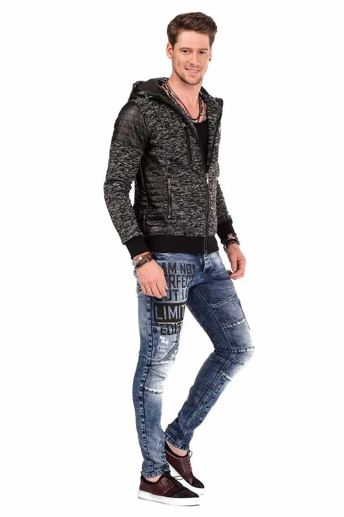 CL310 Leather Detailed Zippered Slim Fit Men's Zip Hoodie