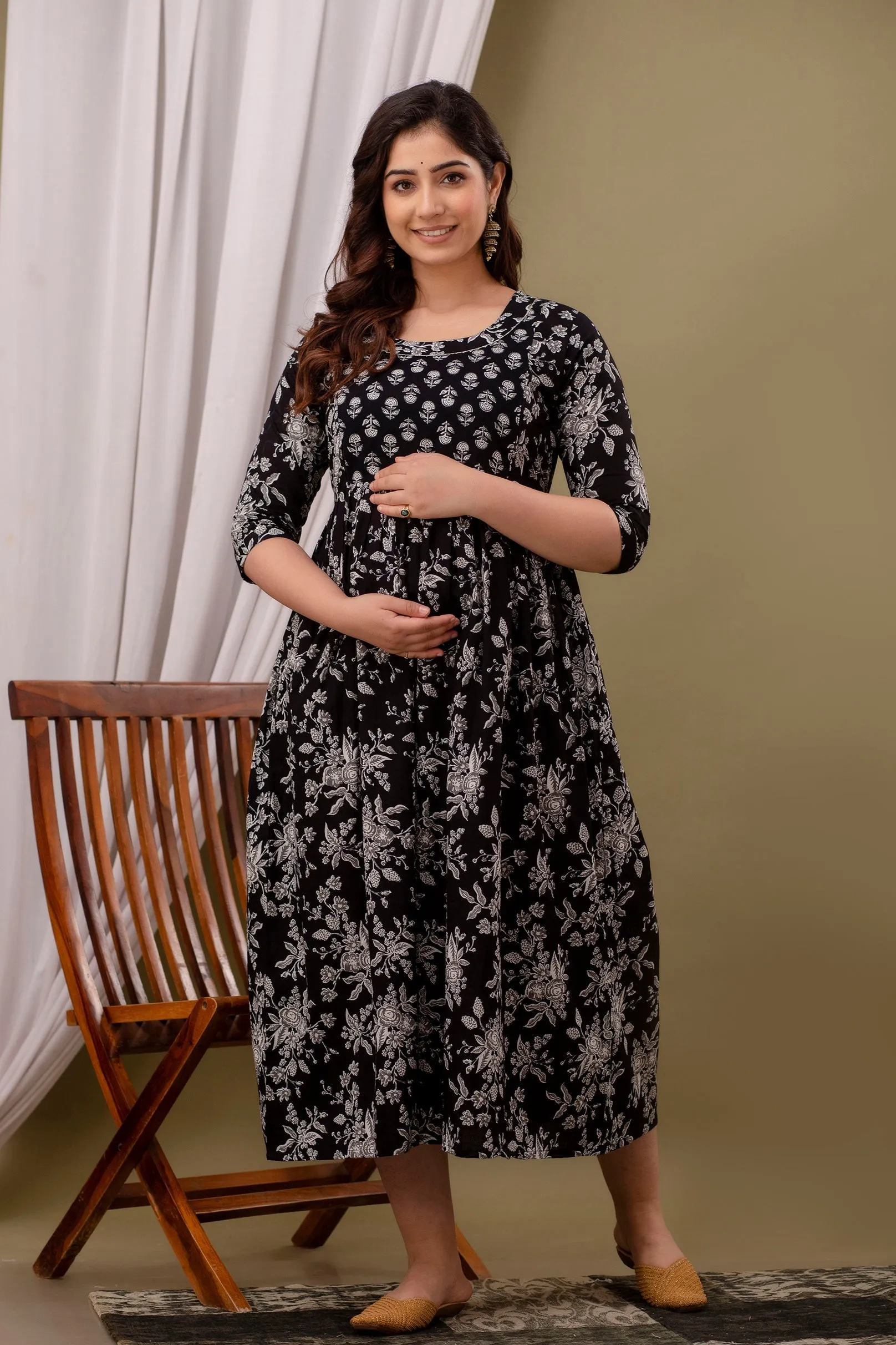 Dark Black Floral Feeding Maternity Gown: Invisible Zips