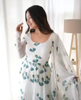 Dishitha Creation Women Floral Printed Designer Gown - Off White