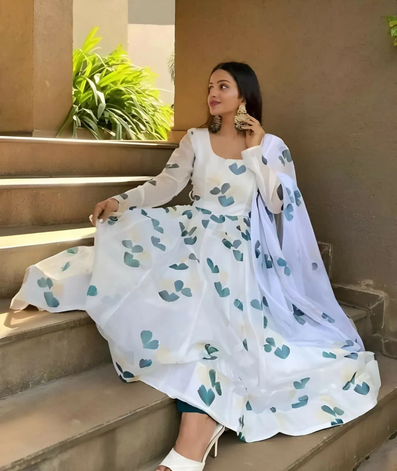 Dishitha Creation Women Floral Printed Designer Gown - Off White