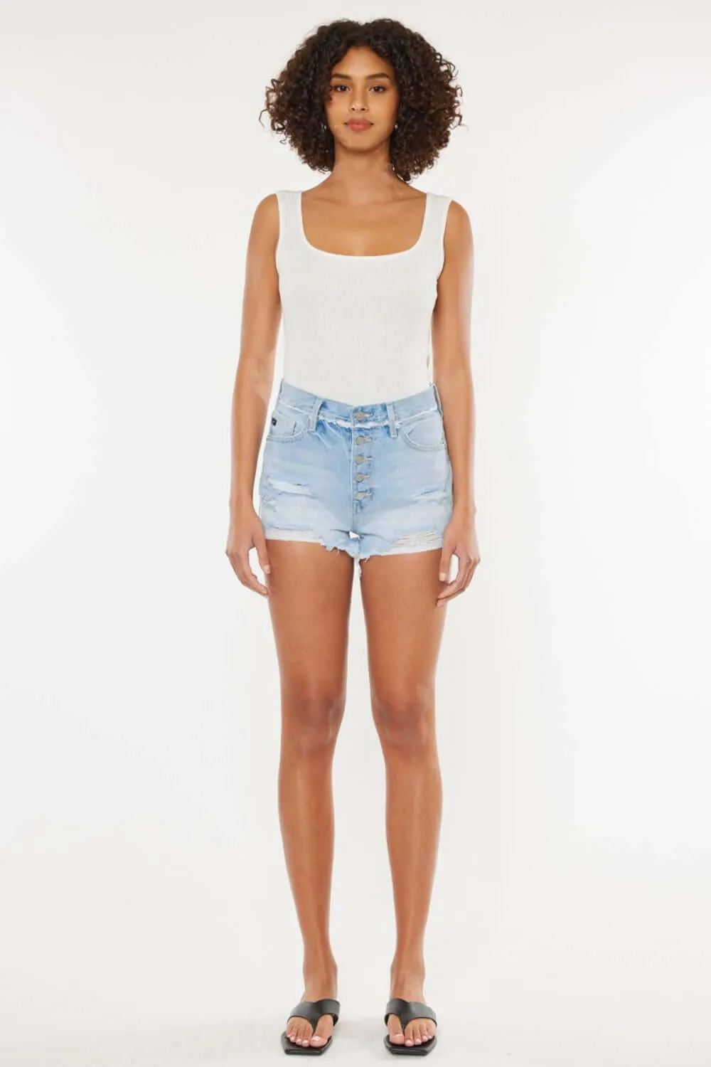 Distressed Button Fly Denim Shorts