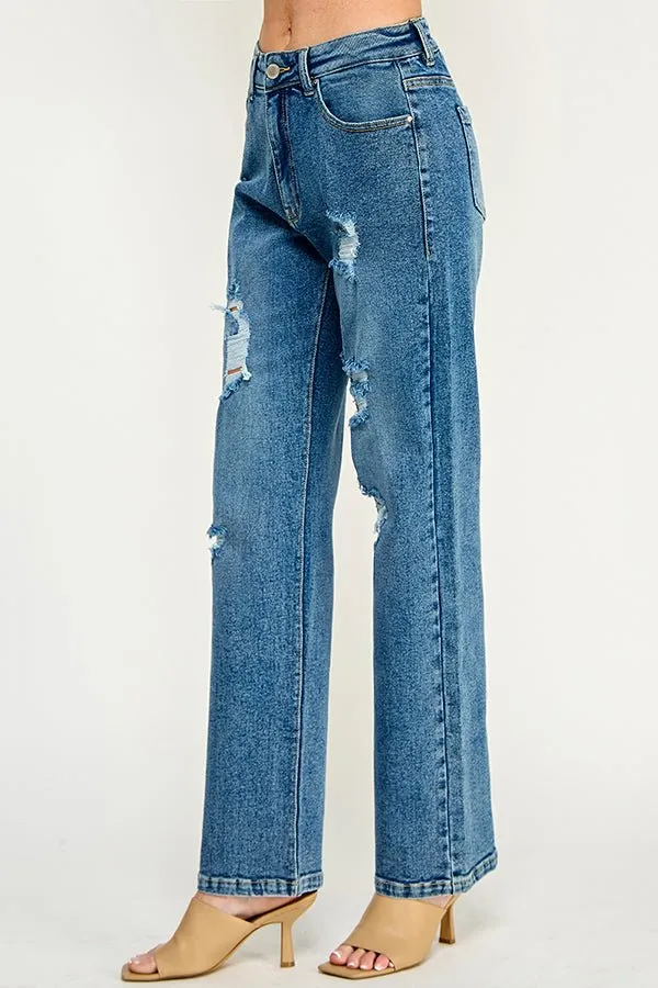 DISTRESSED  HIGH RISE STRETCH MOM JEANS