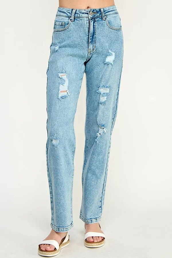DISTRESSED  HIGH RISE STRETCH MOM JEANS